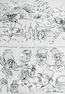 Landscape with Building (top) and Caricature Head Studies (bottom), 1874. Creator: Louis Sullivan