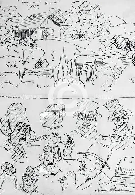 Landscape with Building (top) and Caricature Head Studies (bottom), 1874. Creator: Louis Sullivan.