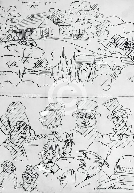 Landscape with Building (top) and Caricature Head Studies (bottom), 1874. Creator: Louis Sullivan.
