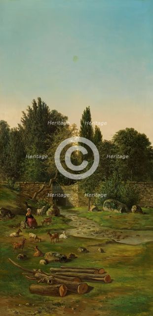Landscape with goatherd by a river, 1891. Creator: Ceferino Araujo.