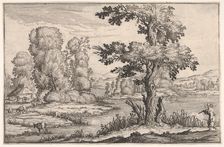 Landscape with goats grazing near a river and a figure in the right foreground, from a ser..., 1638. Creator: Ercole Bazicaluva