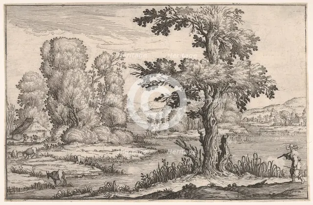 Landscape with goats grazing near a river and a figure in the right foreground, from a ser..., 1638. Creator: Ercole Bazicaluva.