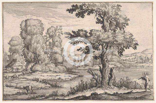 Landscape with goats grazing near a river and a figure in the right foreground, from a ser..., 1638. Creator: Ercole Bazicaluva.