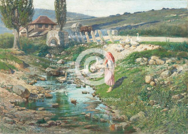 Landscape with goosegirl, 1890-1900. Creator: Vojtech Angyal.