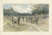 Landscape with group of hunters on the Leusderhei, 1864-1936. Creator: Johannes Cornelis van Essen