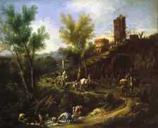 Landscape with Gypsies and Washerwomen, about 1705-1710. Creator: Alessandro Magnasco