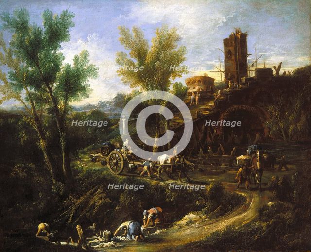 Landscape with Gypsies and Washerwomen, about 1705-1710. Creator: Alessandro Magnasco.