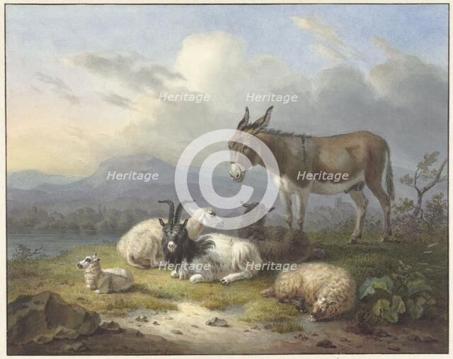 Landscape with donkey, goat and sheep, 1791-1850. Creator: Dirk van Oosterhoudt.