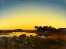 Landscape with Deer at Sunset, 1847. Creator: Anton Zwengauer