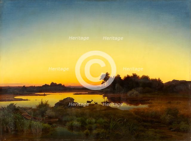 Landscape with Deer at Sunset, 1847. Creator: Anton Zwengauer.