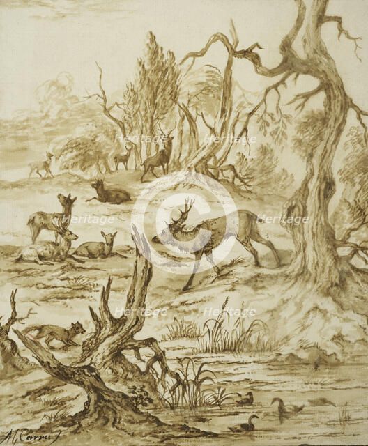 Landscape with deer, fox and ducks. Creator: Michiel Carree.