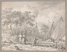 Landscape with Elegant Figures by a River, with Boats to the Right and a Town Behind..., n.d. Creator: Allart van Everdingen