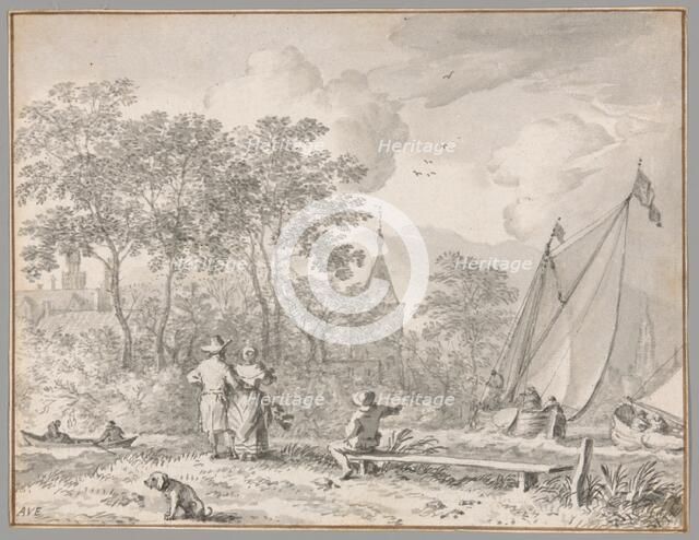 Landscape with Elegant Figures by a River, with Boats to the Right and a Town Behind..., n.d. Creator: Allart van Everdingen.