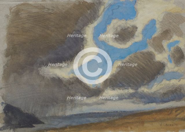 Landscape with expansive cloudy sky, early 20th century. Creator: George Clausen.