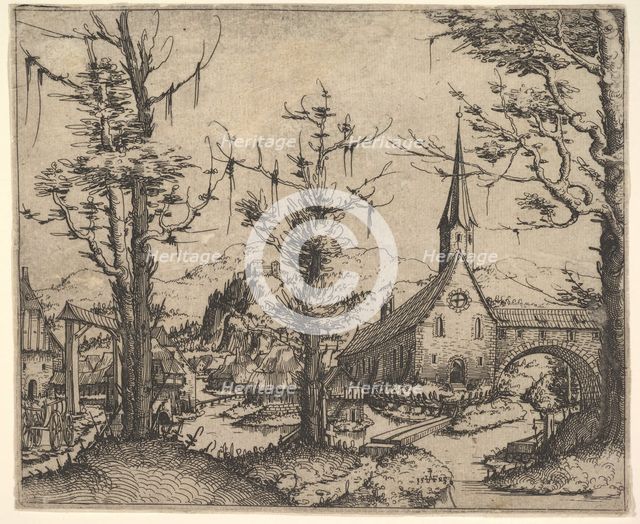Landscape with Four Trees and a Church at Right, 1545 (?). Creator: Augustin Hirschvogel.