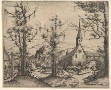 Landscape with Four Trees and a Church at Right, 1545 (?). Creator: Augustin Hirschvogel
