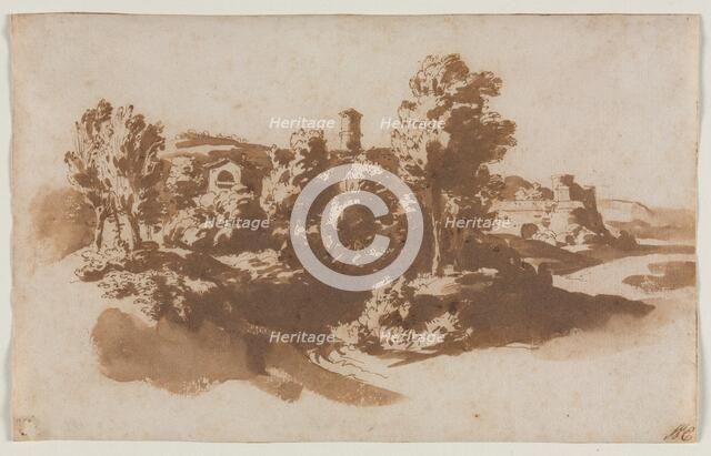 Landscape with Fortification Between Marino and Frascati, c. 1650. Creator: Jacob van der Ulft (Dutch, 1627-1689); Gaspard Dughet (French, 1615-1675), or ; Nicolas Poussin (French, 1594-1665), possibly by.