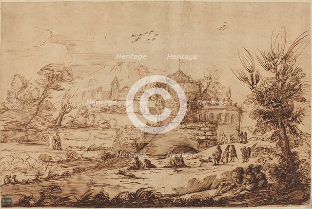 Landscape with Fortress and River, second half 18th century. Creator: Guercino.