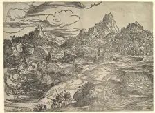 Landscape with family walking together in the foreground, at left two figures with ..., ca. 1535-40. Creator: Domenico Campagnola