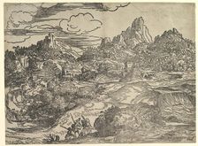 Landscape with family walking together in the foreground, at left two figures with ..., ca. 1535-40. Creator: Domenico Campagnola