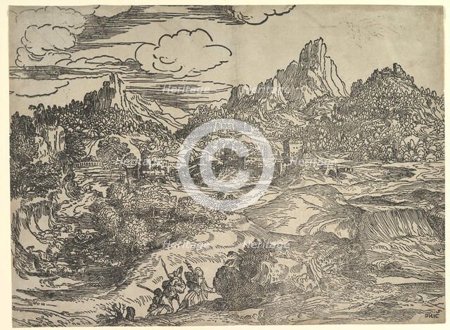 Landscape with family walking together in the foreground, at left two figures with ..., ca. 1535-40. Creator: Domenico Campagnola.