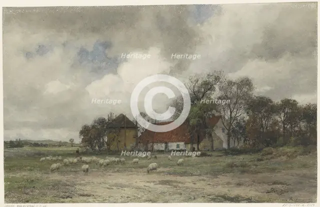 Landscape with farm and shepherd with sheep, 1872. Creator: Julius Jacobus van de Sande Bakhuyzen.