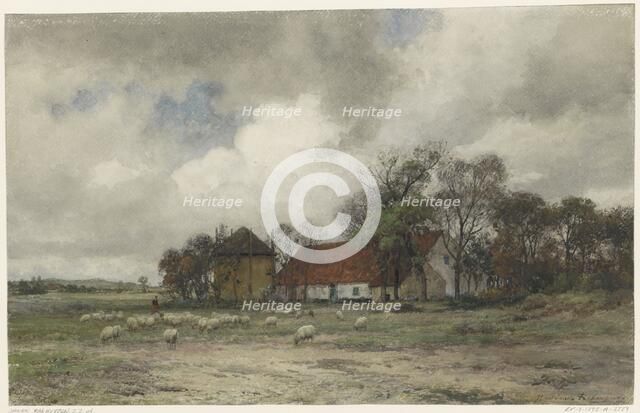 Landscape with farm and shepherd with sheep, 1872. Creator: Julius Jacobus van de Sande Bakhuyzen.