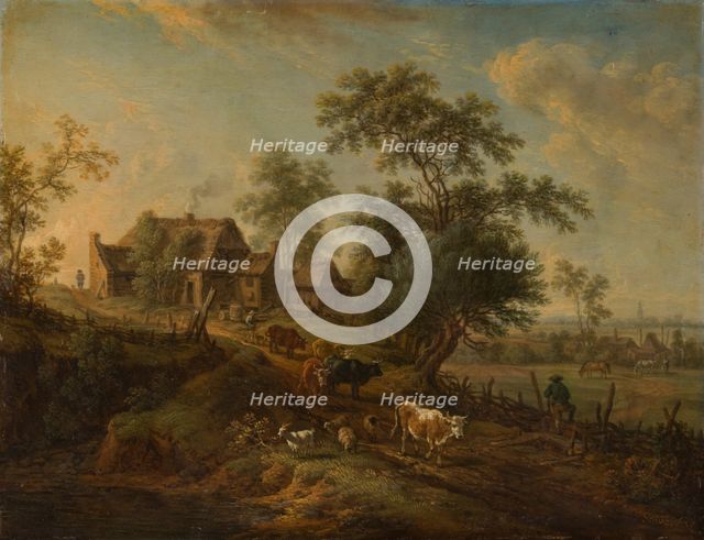 Landscape with Farm Animals on a Road, 18th century. Creator: Christian Georg Schutz.