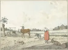 Landscape with farmer and cattle, 1700-1800. Creator: W. Barthautz