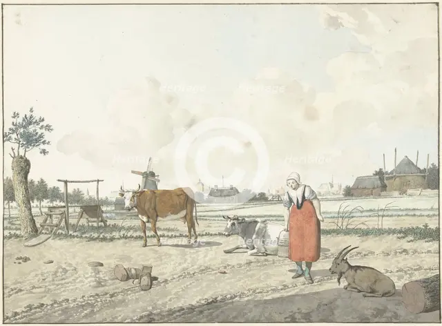Landscape with farmer and cattle, 1700-1800. Creator: W. Barthautz.