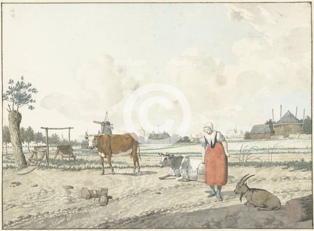 Landscape with farmer and cattle, 1700-1800. Creator: W. Barthautz.