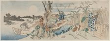 Landscape with Ferry Boat, Geese and Full Moon, early 1830s. Creator: Totoya Hokkei (Japanese, 1780-1850)
