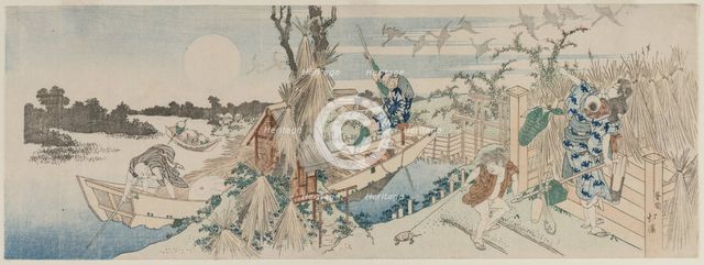 Landscape with Ferry Boat, Geese and Full Moon, early 1830s. Creator: Totoya Hokkei (Japanese, 1780-1850).