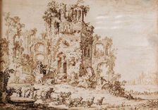 Landscape with Figures and Classical Ruins, c1670s. Creator: Jan Moninckx