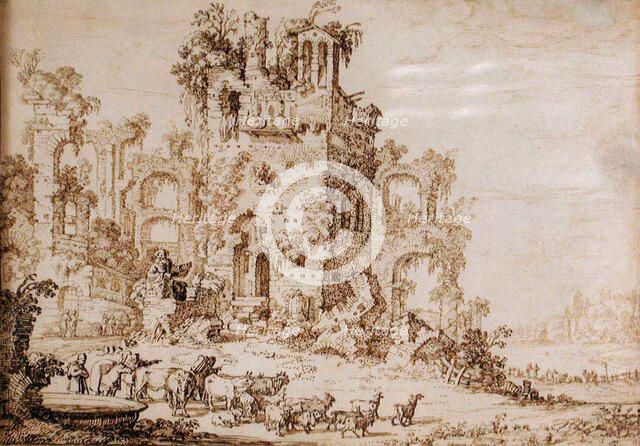 Landscape with Figures and Classical Ruins, c1670s. Creator: Jan Moninckx.