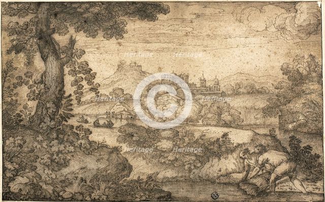 Landscape with Figures Binding Wheat in Foreground, n.d. Creator: Ercole Bazicaluva.