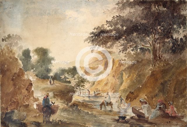 Landscape with figures by a river, 1853-1854. Artist: Camille Pissarro.