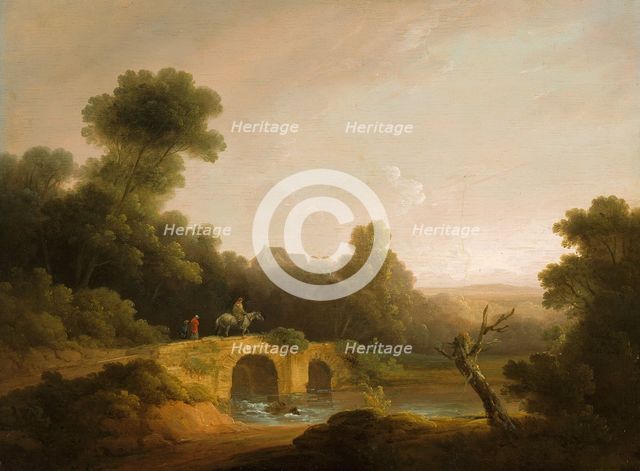 Landscape with Figures Crossing a Bridge, 1790/1800. Creators: John Rathbone, George Morland.