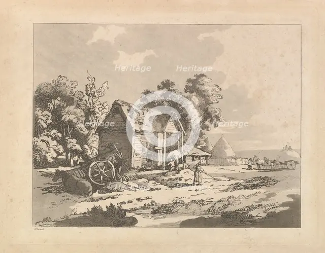 Landscape with Figures Storing Hay in a Barn, a Cart and Horse Lying Down at Left, 1783-84. Creator: Thomas Rowlandson.
