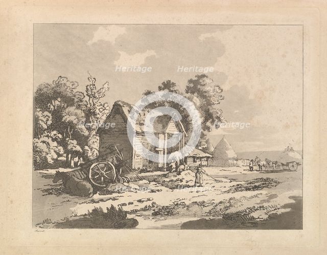 Landscape with Figures Storing Hay in a Barn, a Cart and Horse Lying Down at Left, 1783-84. Creator: Thomas Rowlandson.