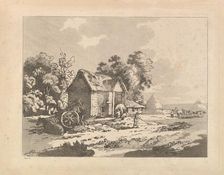 Landscape with Figures Storing Hay in a Barn, a Cart and Horse Lying Down at Left, 1783-84. Creator: Thomas Rowlandson