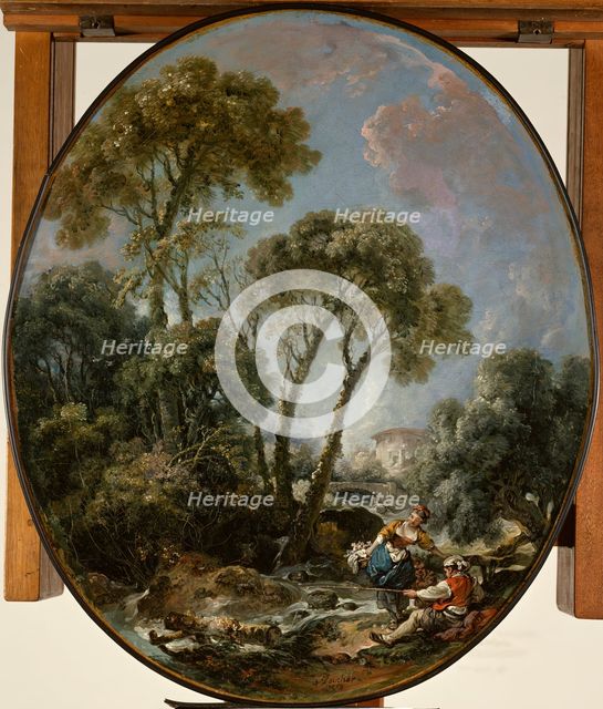 Landscape with Fisherman and a Young Woman, 1769. Creator: Francois Boucher.