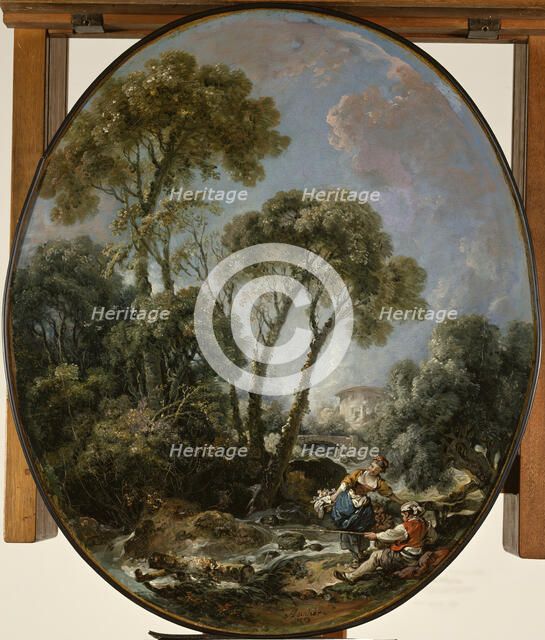 Landscape with Fisherman and a Young Woman, 1769. Creator: Francois Boucher.