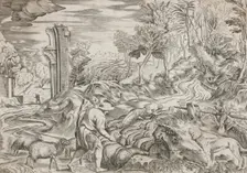 Landscape with Flock of Sheep and a Dog, 1560s - 1570s. Creator: Martino Rota