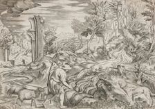 Landscape with Flock of Sheep and a Dog, 1560s - 1570s. Creator: Martino Rota
