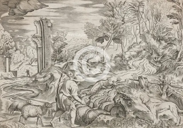 Landscape with Flock of Sheep and a Dog, 1560s - 1570s. Creator: Martino Rota.