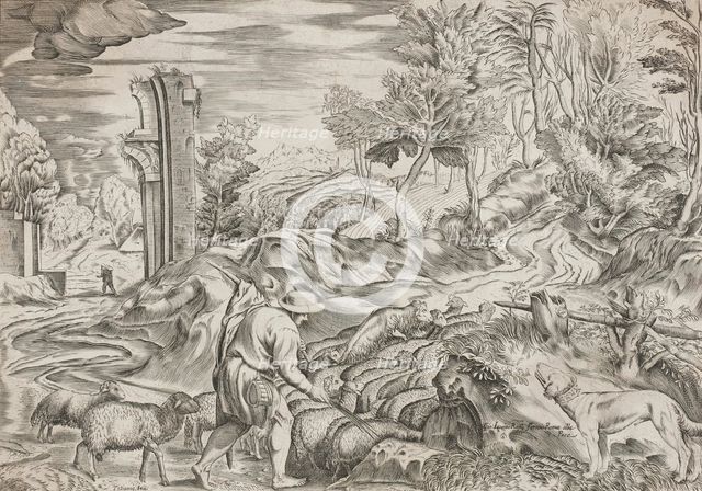 Landscape with Flock of Sheep and a Dog, 1560s - 1570s. Creator: Martino Rota.