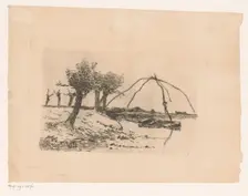 Landscape with knot willows, a rowing boat in the water with a totebel, 1854-1911. Creator: Adrien Le Mayeur de Merprés