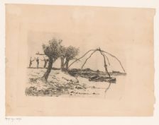 Landscape with knot willows, a rowing boat in the water with a totebel, 1854-1911. Creator: Adrien Le Mayeur de Merprés