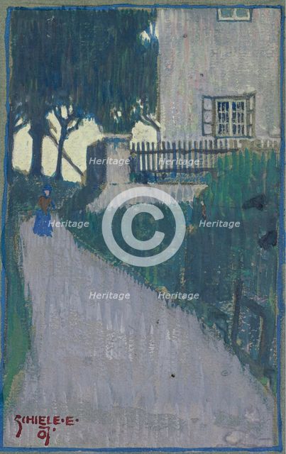 Landscape with house, trees and female figure, 1907.